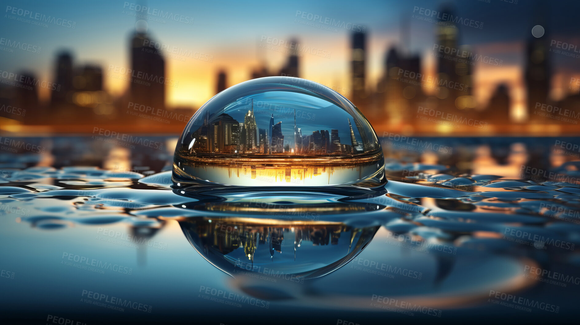 Buy stock photo City, water drop and sky during sunset, Earth day, environment protection and save water. Urbanisation and natural habitats around the world, climate change awareness, green energy and help support the world.