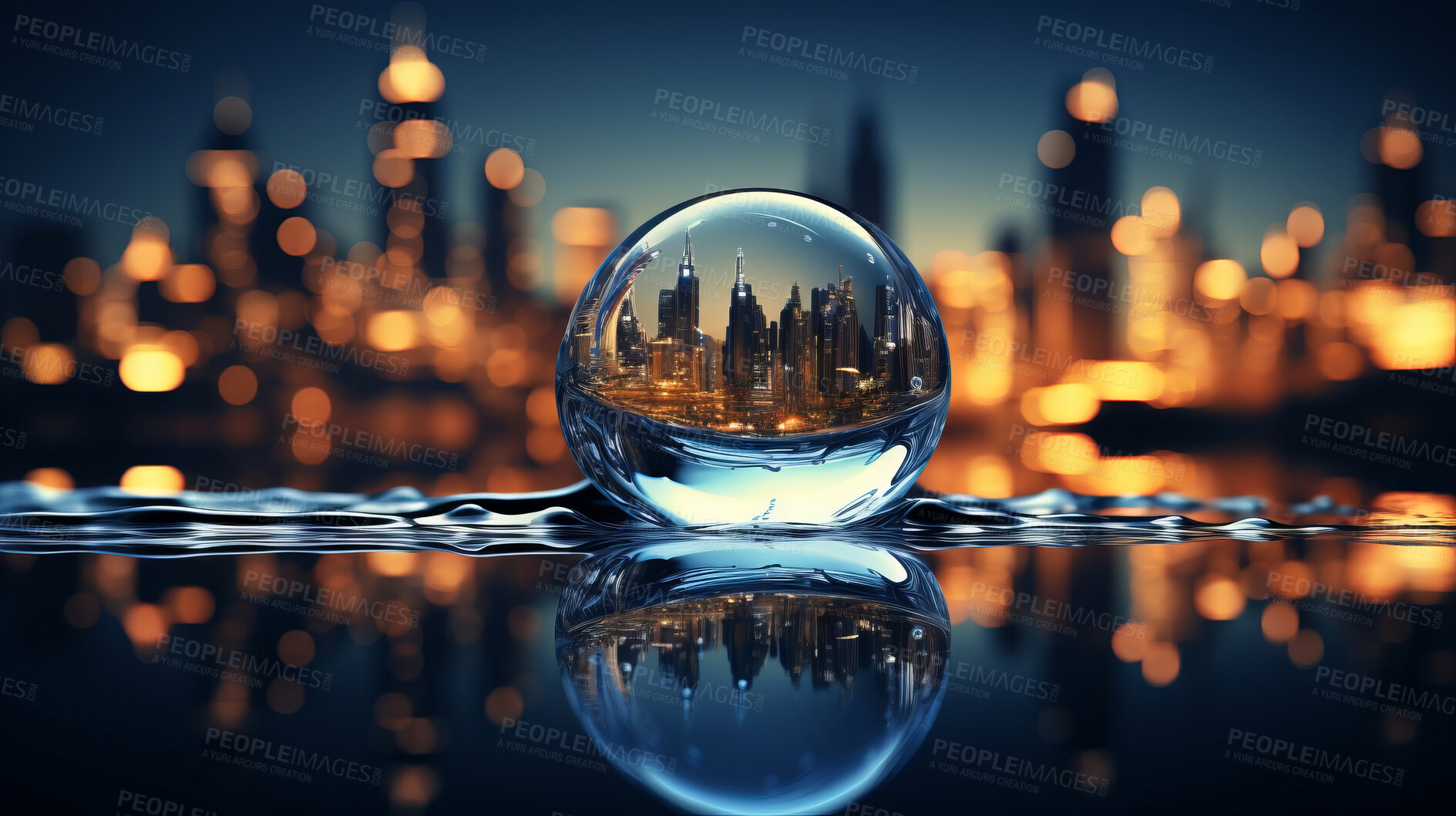 Buy stock photo City, water drop, and sky during sunset for Earth Day, environment protection, and save water. Urbanisation, natural habitats, and climate change awareness. Green energy supporting the world.