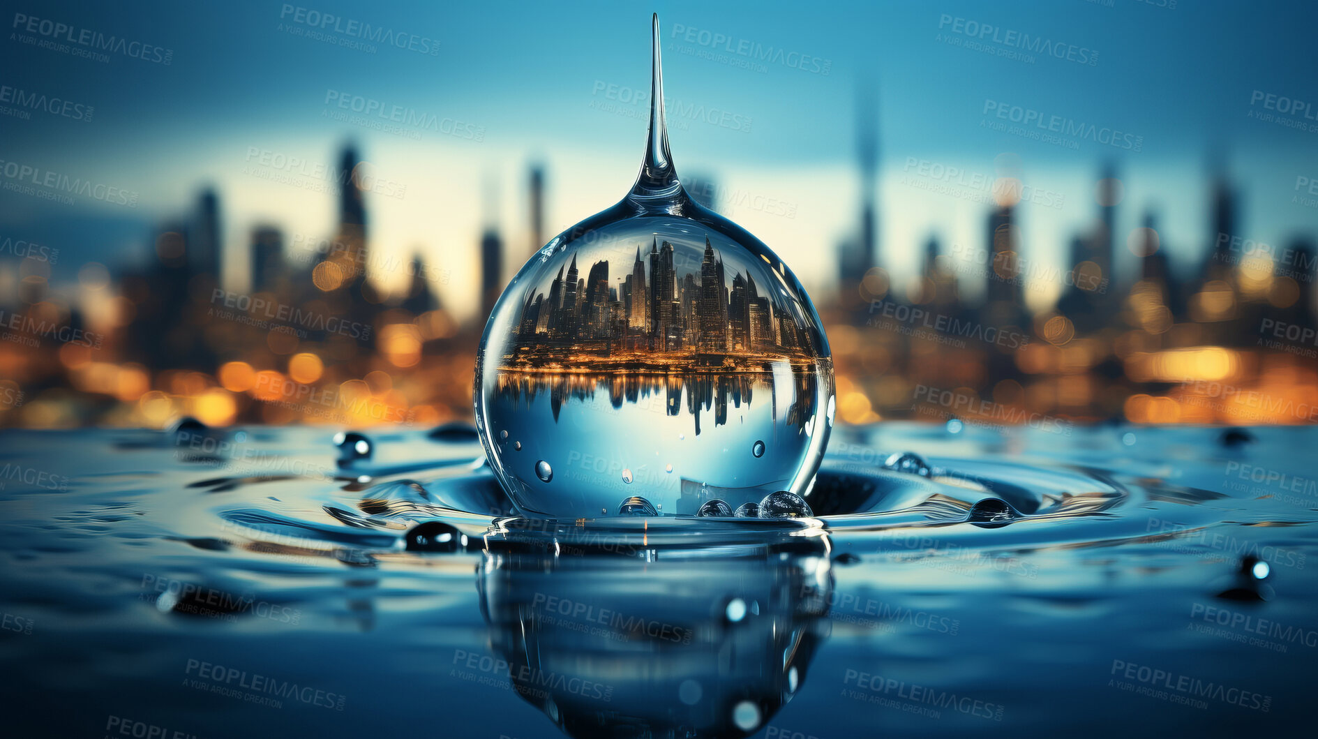 Buy stock photo City, water drop, and sky during sunset for Earth Day, environment protection, and save water. Urbanisation, natural habitats, and climate change awareness. Green energy supporting the world.