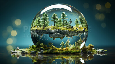 Forest, water globe, and nature conservation for preserving forests and water. Green, vibrant, and symbolic globe promoting environmental awareness.