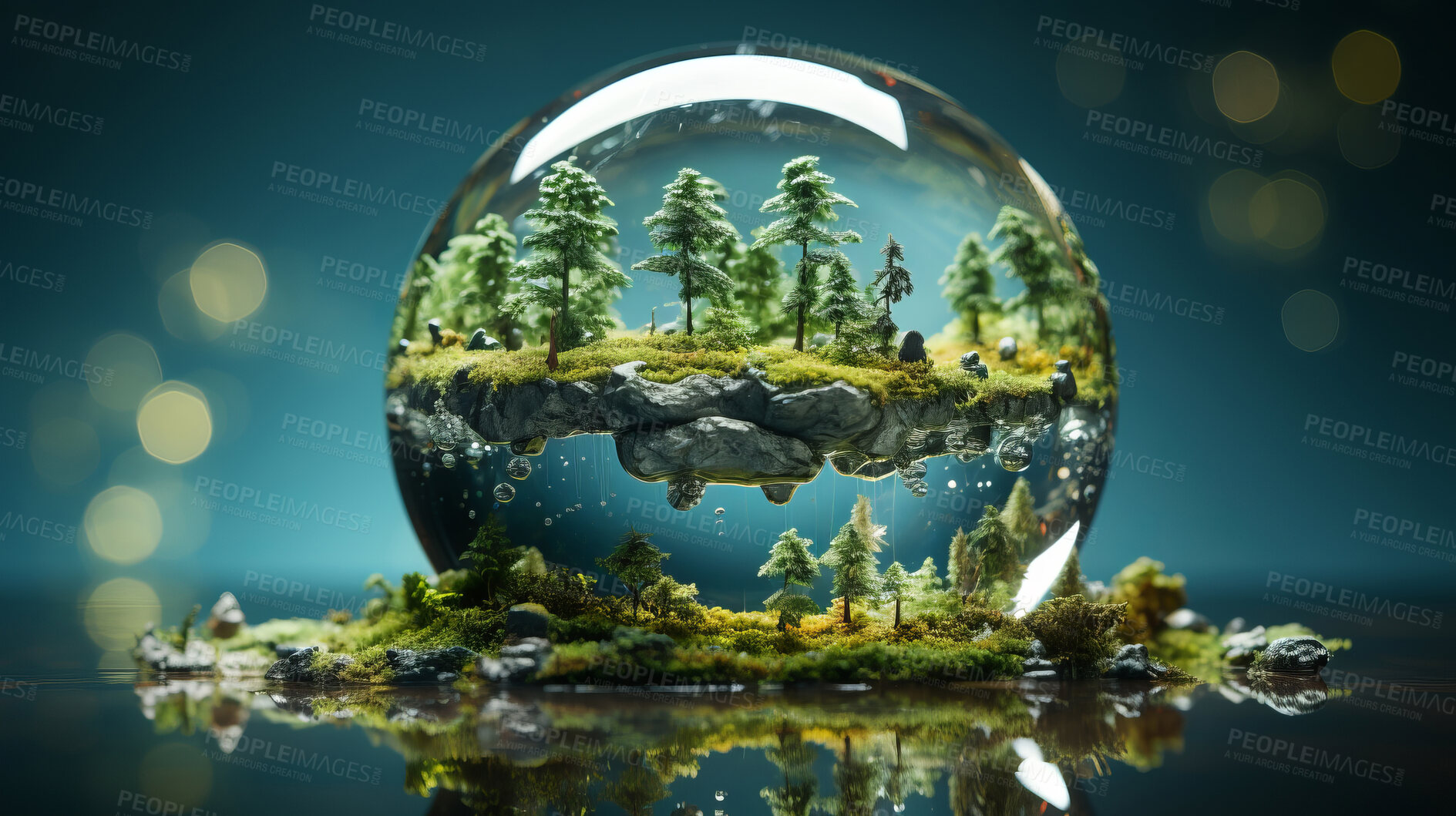 Buy stock photo Forest, water globe, and nature conservation for preserving forests and water. Green, vibrant, and symbolic globe promoting environmental awareness.