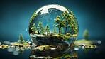 Forest, water globe, and nature conservation for preserving forests and water. Green, vibrant, and symbolic globe promoting environmental awareness.