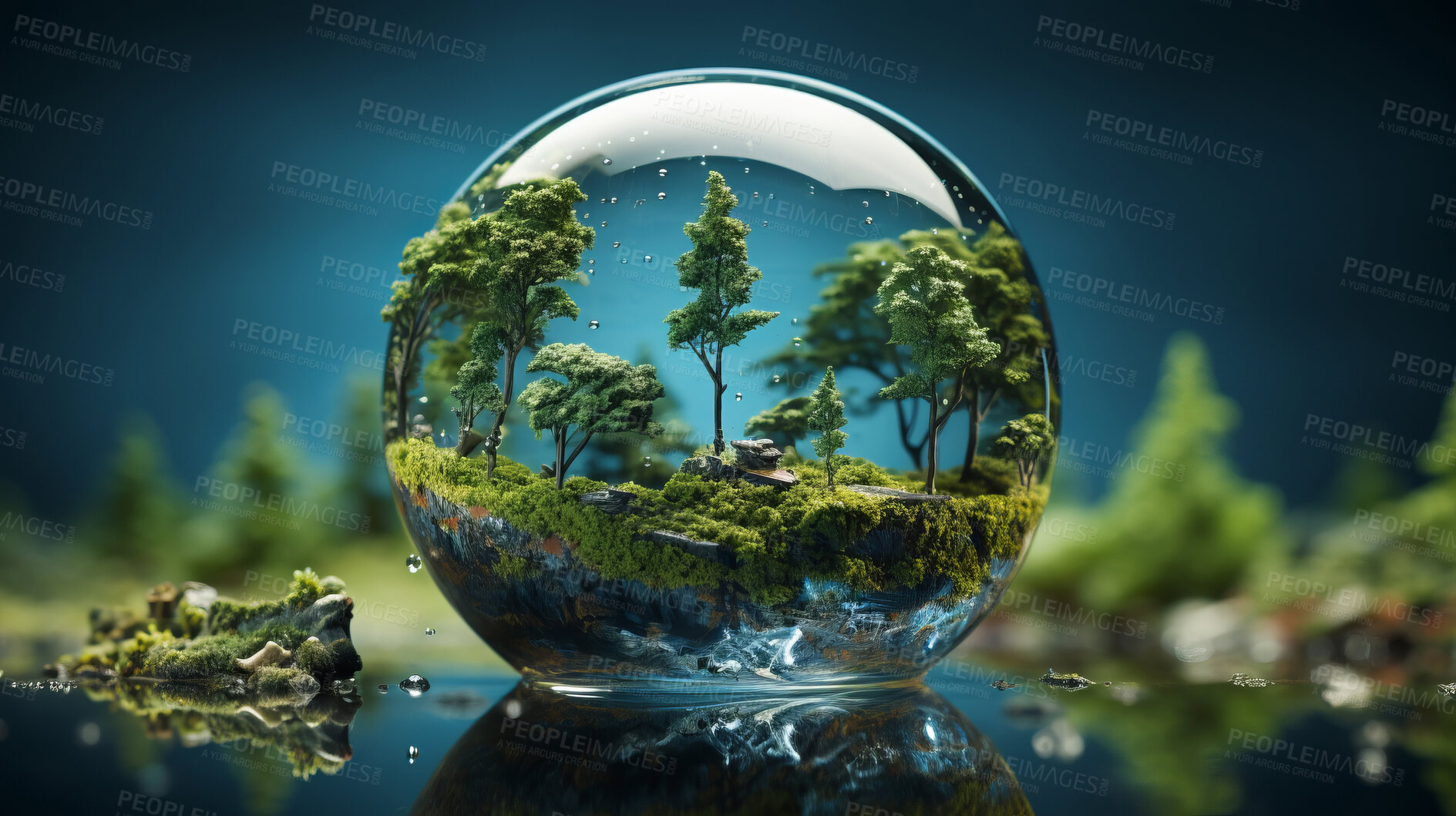 Buy stock photo Forest, water globe, and nature conservation for preserving forests and water. Green, vibrant, and symbolic globe promoting environmental awareness.