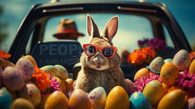Easter bunny, eggs and car for holiday, vacation and festive season with pastel color, chocolate and cute face. Sunshine, rabbit and animal portrait in vintage vehicle for creative celebration art.