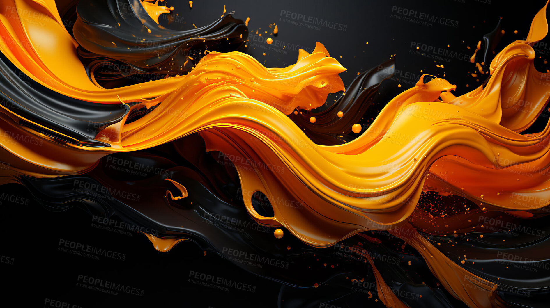 Buy stock photo Golden splashes, black swirls, abstract elegance. Luxurious design, dynamic movement, and opulent creativity in a visually captivating abstract art piece.