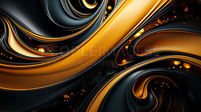 Buy stock photo Golden splashes, black swirls, abstract elegance. Luxurious design, dynamic movement, and opulent creativity in a visually captivating abstract art piece.