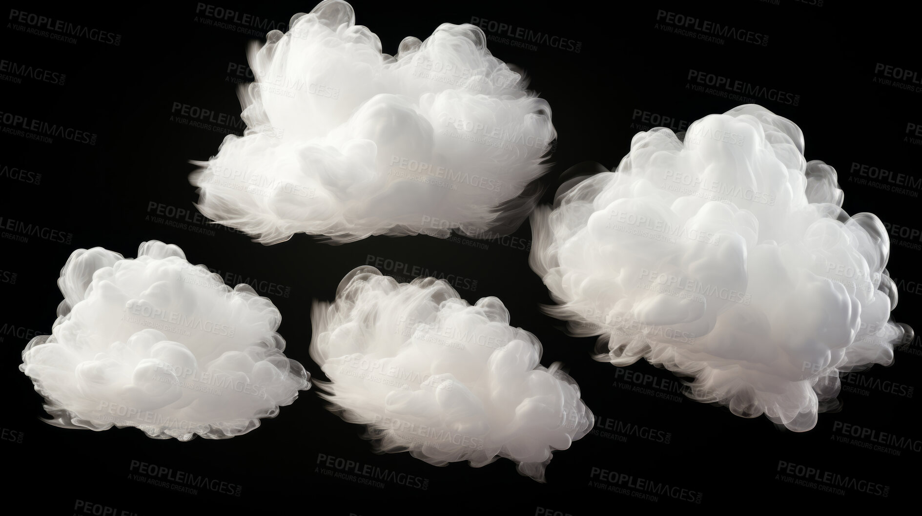 Buy stock photo Clouds, black canvas and ethereal art. Dynamic contrast, artistic formations for graphic display. Design, creative inspiration in captivating monochrome.