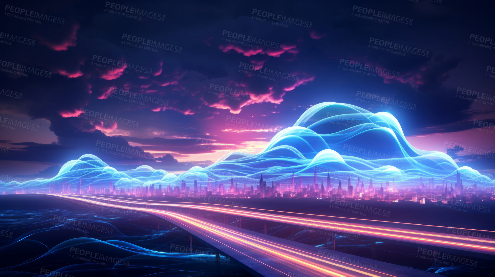 Buy stock photo Neon lines, vibrant concept and glowing art. Dynamic, futuristic and electrifying designs for graphic display, creating visually stunning and captivating wallpapers in mesmerizing style.