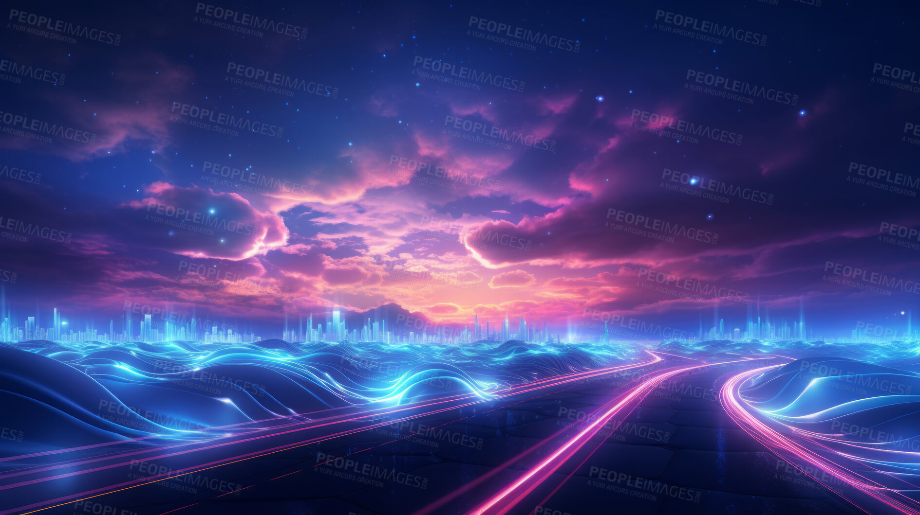 Buy stock photo Neon lines, vibrant concept and glowing art. Dynamic, futuristic and electrifying designs for graphic display, creating visually stunning and captivating wallpapers in mesmerizing style.