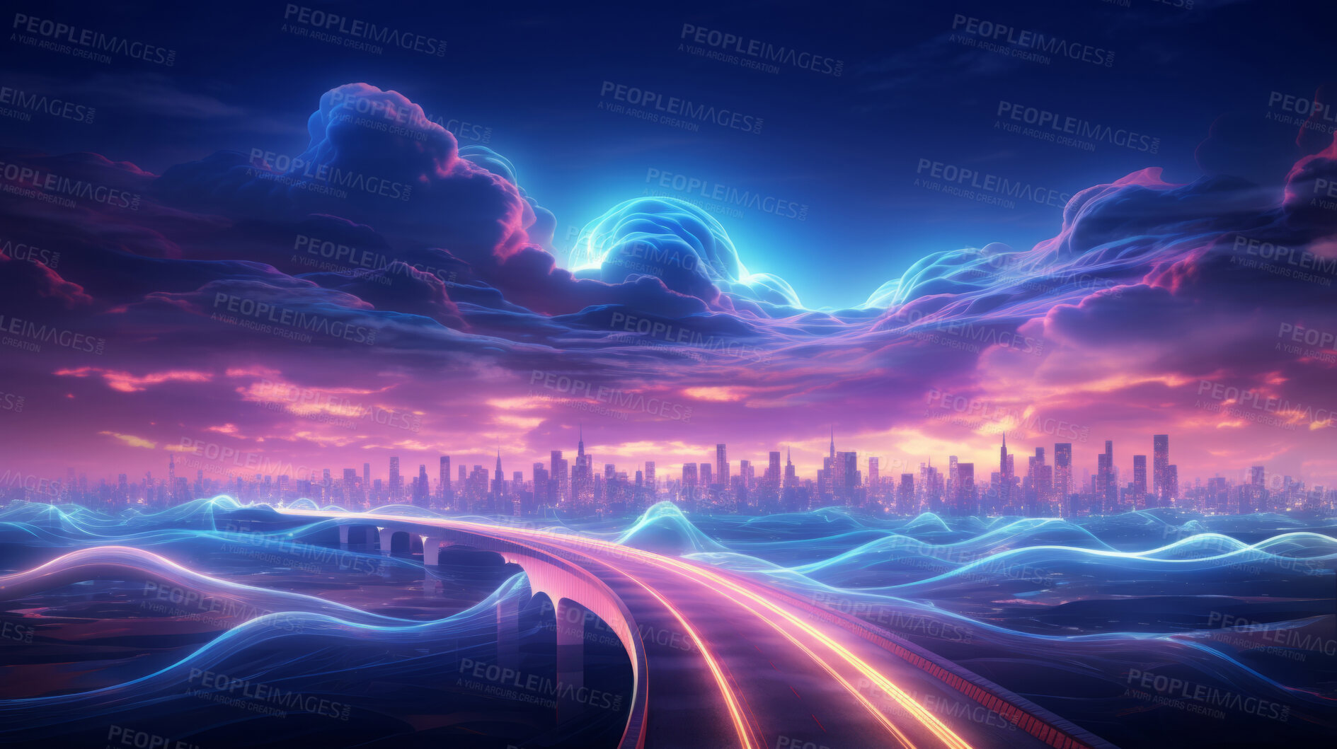 Buy stock photo Neon lines, vibrant concept and glowing art. Dynamic, futuristic and electrifying designs for graphic display, creating visually stunning and captivating wallpapers in mesmerizing style.