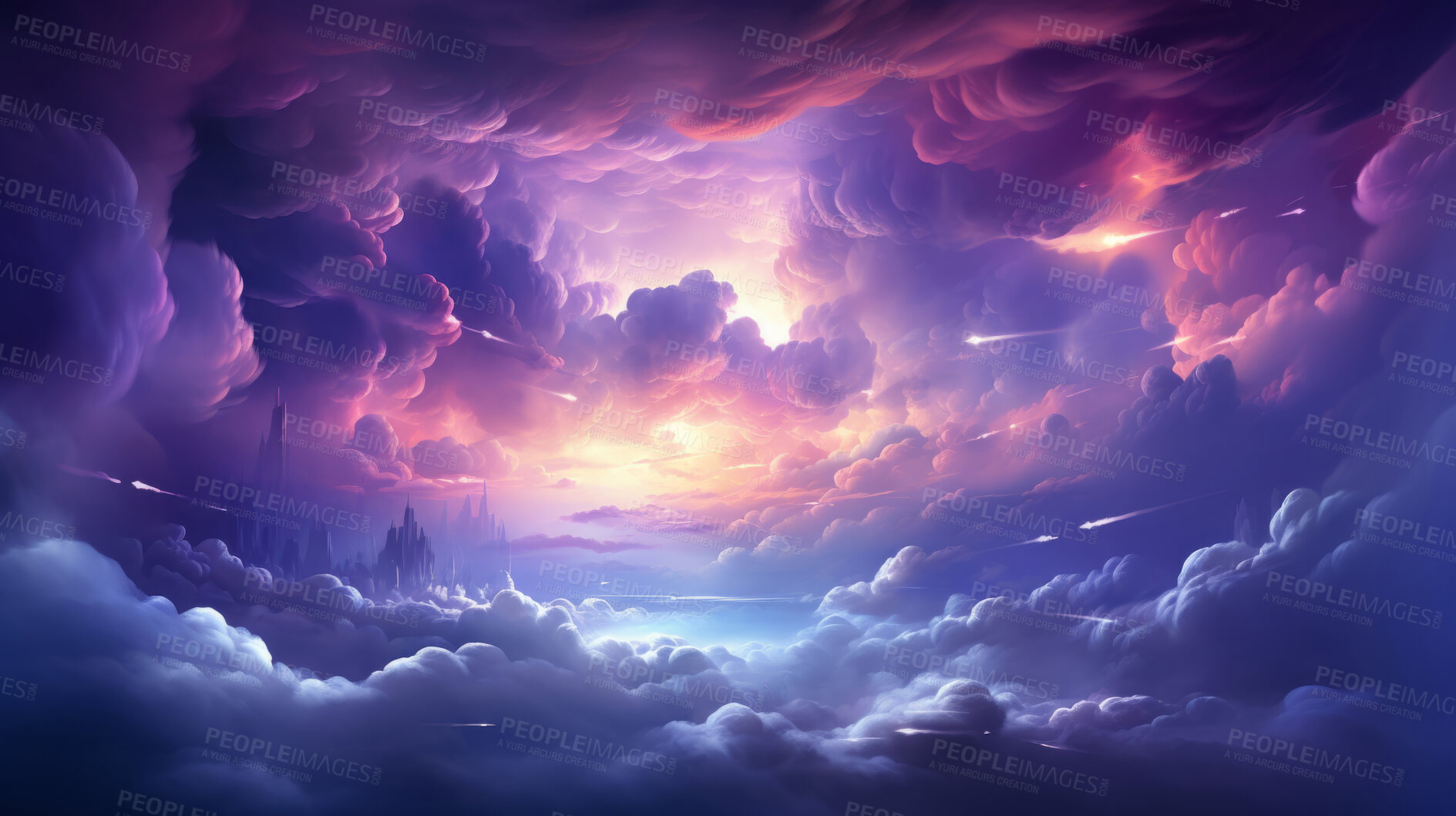 Buy stock photo Dreamy clouds, rainbow hues and artistic expression in abstract art. Colorful, whimsical and creative cloudscape for design, graphic display, and imaginative inspiration.