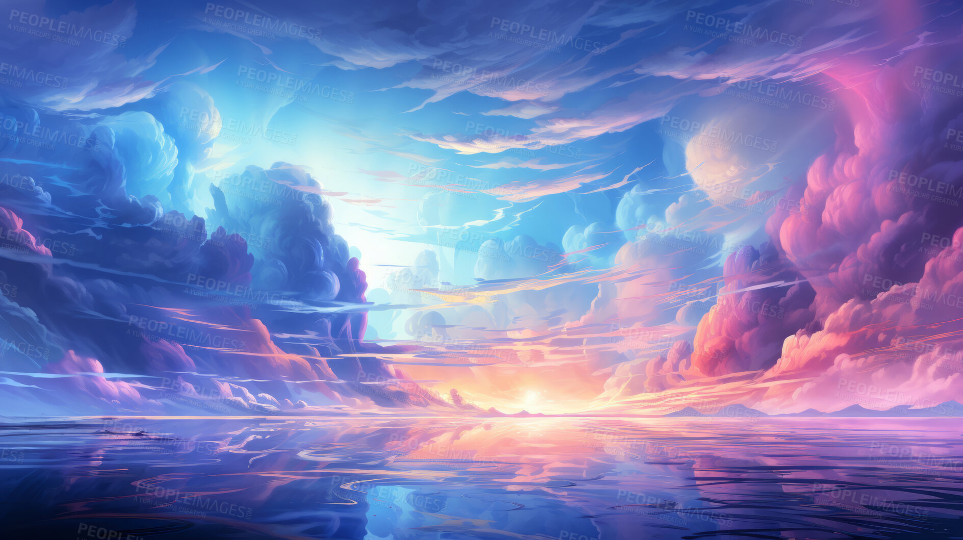 Buy stock photo Dreamy clouds, rainbow hues and artistic expression in abstract art. Colorful, whimsical and creative cloudscape for design, graphic display, and imaginative inspiration.