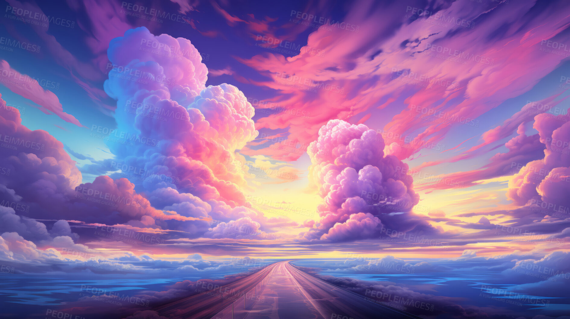 Buy stock photo Dreamy clouds, rainbow hues and artistic expression in abstract art. Colorful, whimsical and creative cloudscape for design, graphic display, and imaginative inspiration.