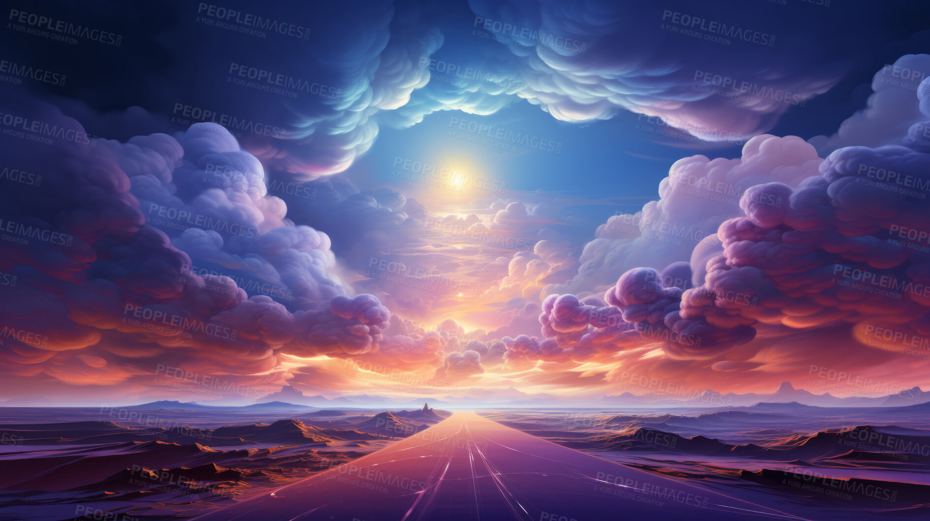 Buy stock photo Dreamy clouds, rainbow hues and artistic expression in abstract art. Colorful, whimsical and creative cloudscape for design, graphic display, and imaginative inspiration.