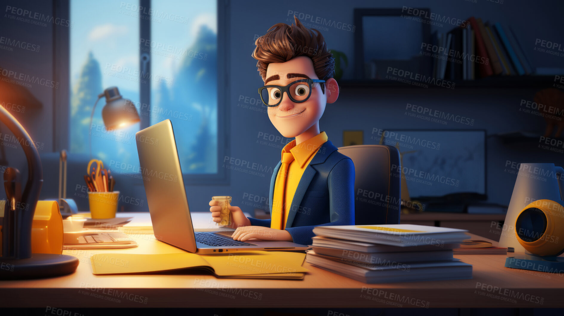 Buy stock photo 3D businessman, dynamic concept for modern office. Professional, lifelike and innovative rendering. Graphic display, design, and creative inspiration in cutting-edge corporate visuals.