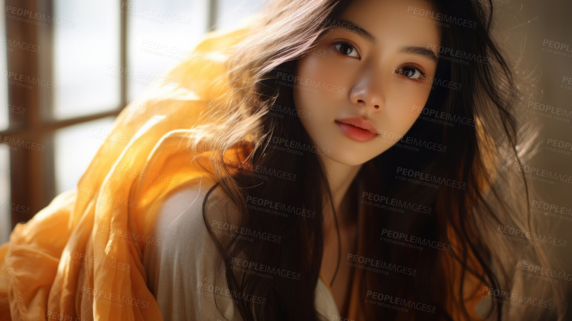 Buy stock photo Portrait, Asian beauty and timeless elegance. Art decor, design and graphic display. Radiates allure, grace and professionalism. Inspirational concept for creative projects.