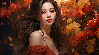 Illustration, Asian, woman in a field of flowers. Capturing beauty, grace and nature's elegance. Perfect for graphic design, art decor and creative projects.