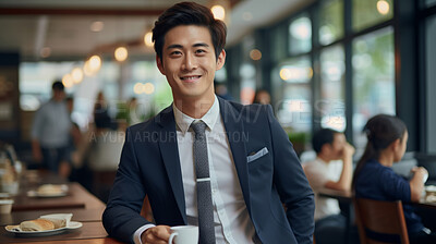 Asian businessman, Cafe and smiling at camera. International business, Symbolizing networking and professional communication. Ideal for business-themed designs and global corporate visuals.