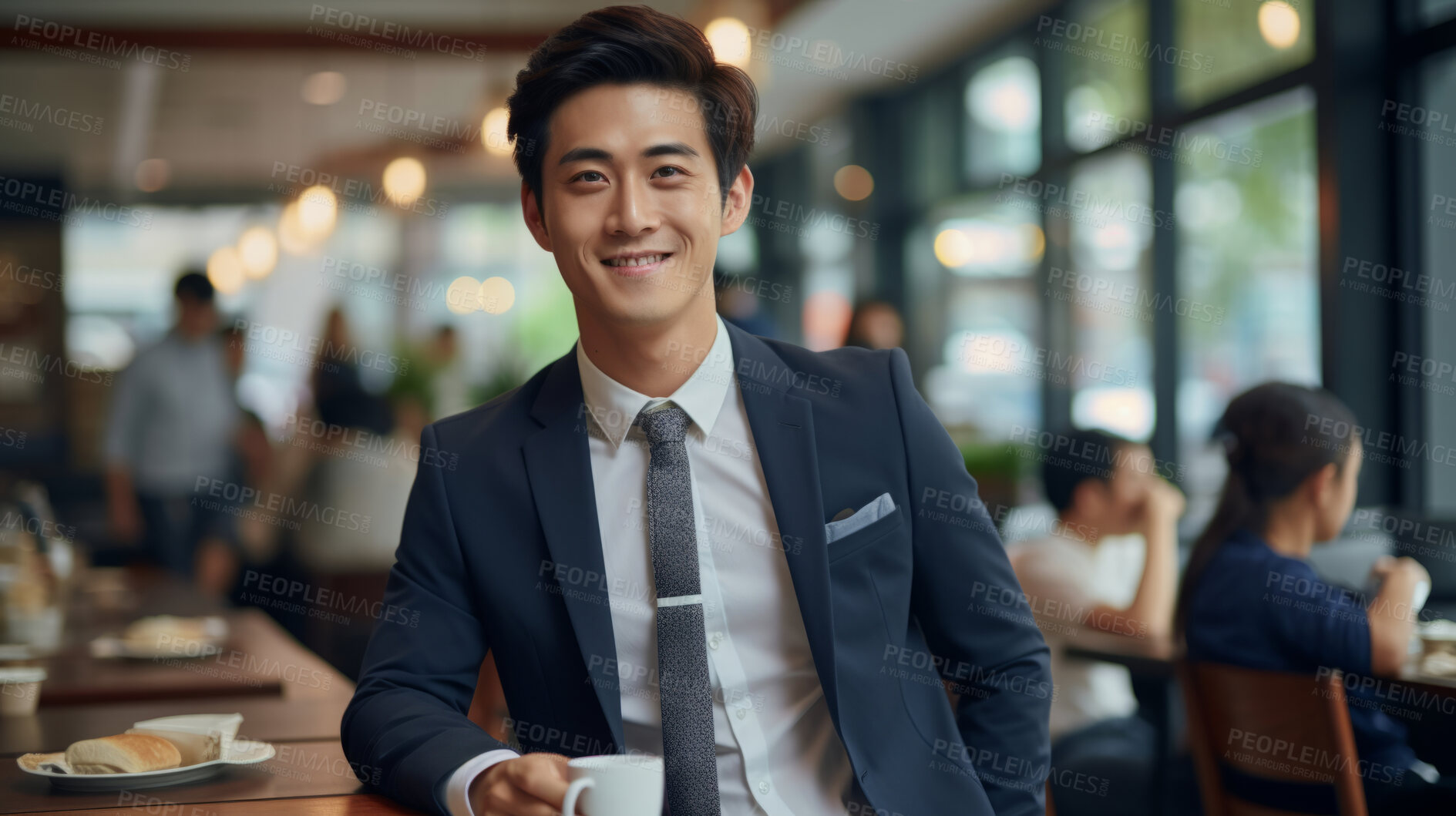 Buy stock photo Asian businessman, Cafe and smiling at camera. International business, Symbolizing networking and professional communication. Ideal for business-themed designs and global corporate visuals.