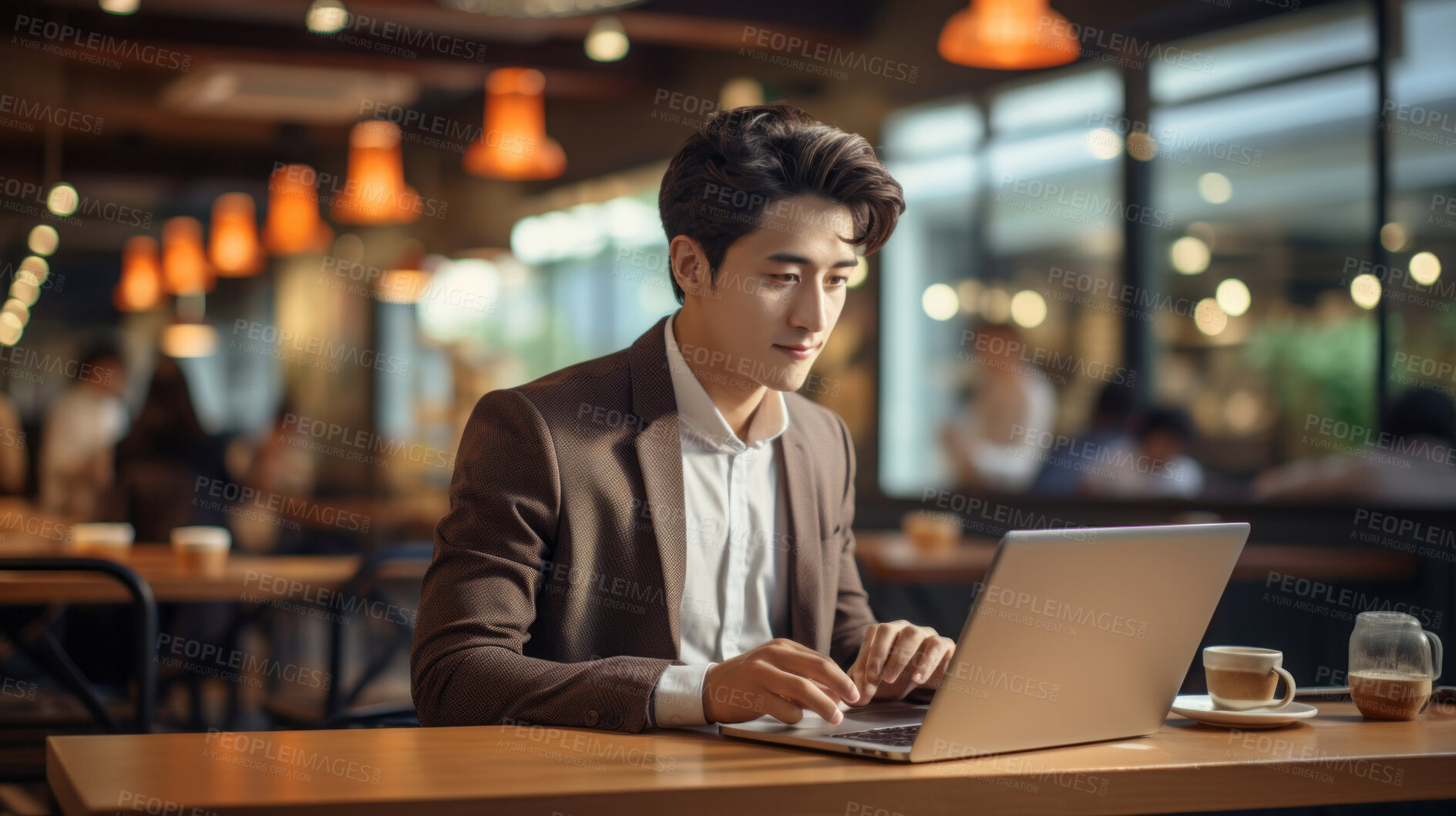 Buy stock photo Asian businessman, laptop and global connection. International business, Symbolizing networking and professional communication. Ideal for business-themed designs and global corporate visuals.