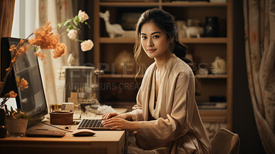 Asian female, office professional and modern workspace. Dynamic, focused, and efficient work ethic for graphic display, design, and creative inspiration in corporate visuals.