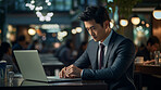 Asian businessman, laptop and global connection. International business, Symbolizing networking and professional communication. Ideal for business-themed designs and global corporate visuals.