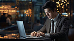 Asian businessman, laptop and global connection. International business, Symbolizing networking and professional communication. Ideal for business-themed designs and global corporate visuals.