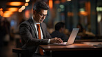 Asian businessman, laptop and global connection. International business, Symbolizing networking and professional communication. Ideal for business-themed designs and global corporate visuals.