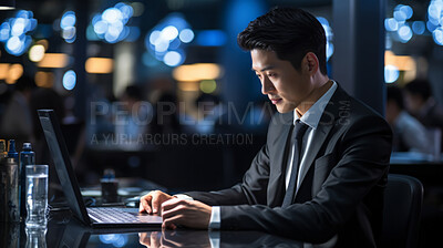 Asian businessman, laptop and global connection. International business, Symbolizing networking and professional communication. Ideal for business-themed designs and global corporate visuals.