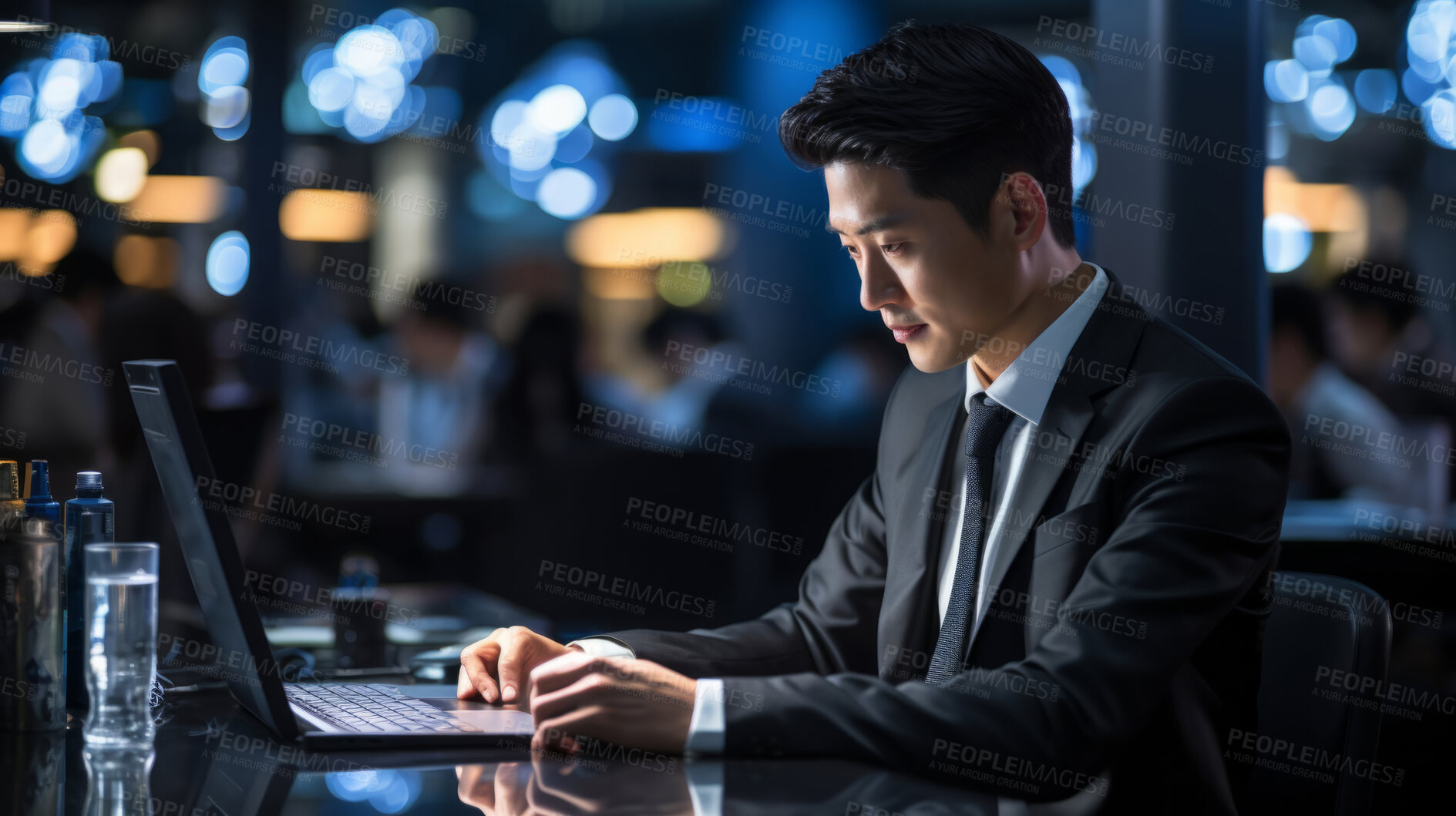 Buy stock photo Asian businessman, laptop and global connection. International business, Symbolizing networking and professional communication. Ideal for business-themed designs and global corporate visuals.