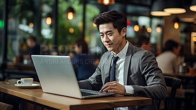 Asian businessman, laptop and global connection. International business, Symbolizing networking and professional communication. Ideal for business-themed designs and global corporate visuals.