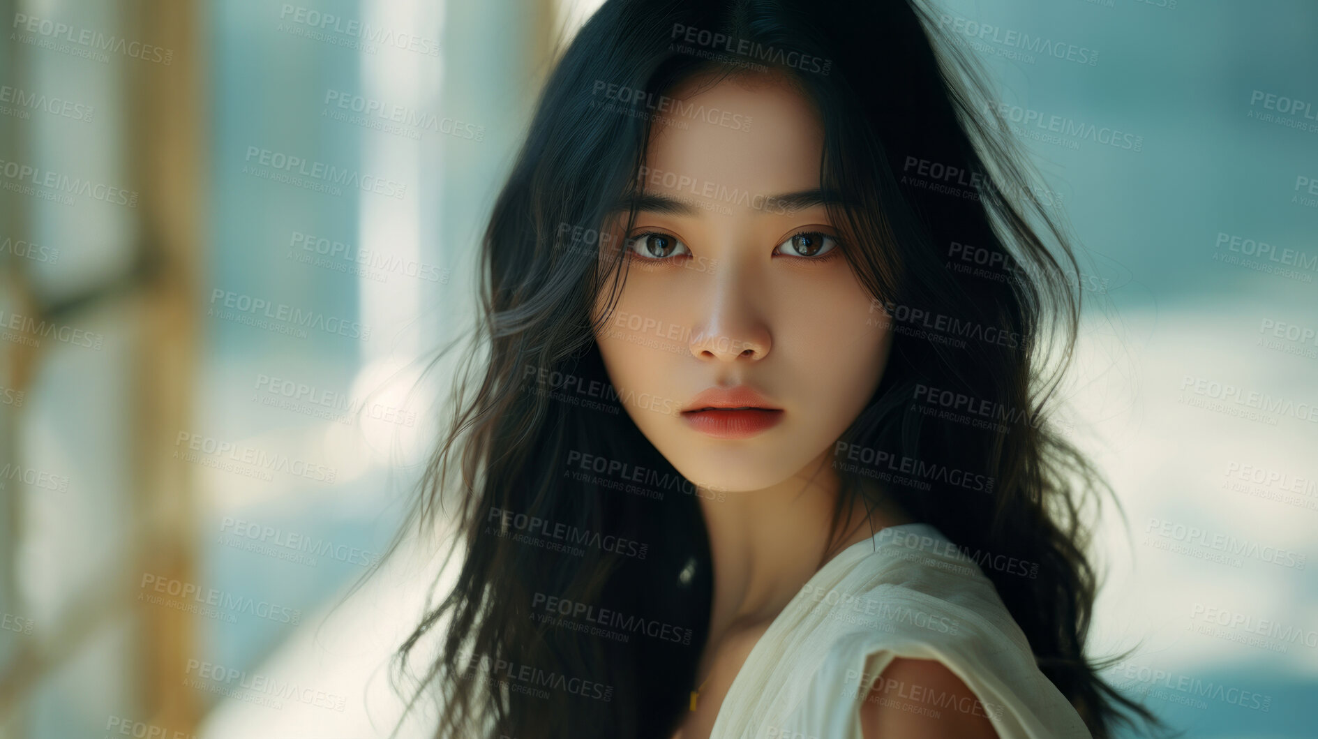 Buy stock photo Portrait, Asian beauty and timeless elegance. Art decor, design and graphic display. Radiates allure, grace and professionalism. Inspirational concept for creative projects.