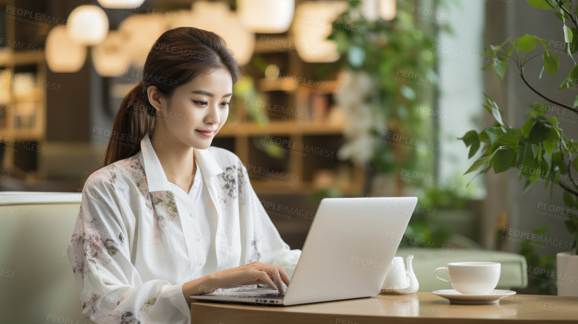 Buy stock photo Asian female, office professional and modern workspace. Dynamic, focused, and efficient work ethic for graphic display, design, and creative inspiration in corporate visuals.