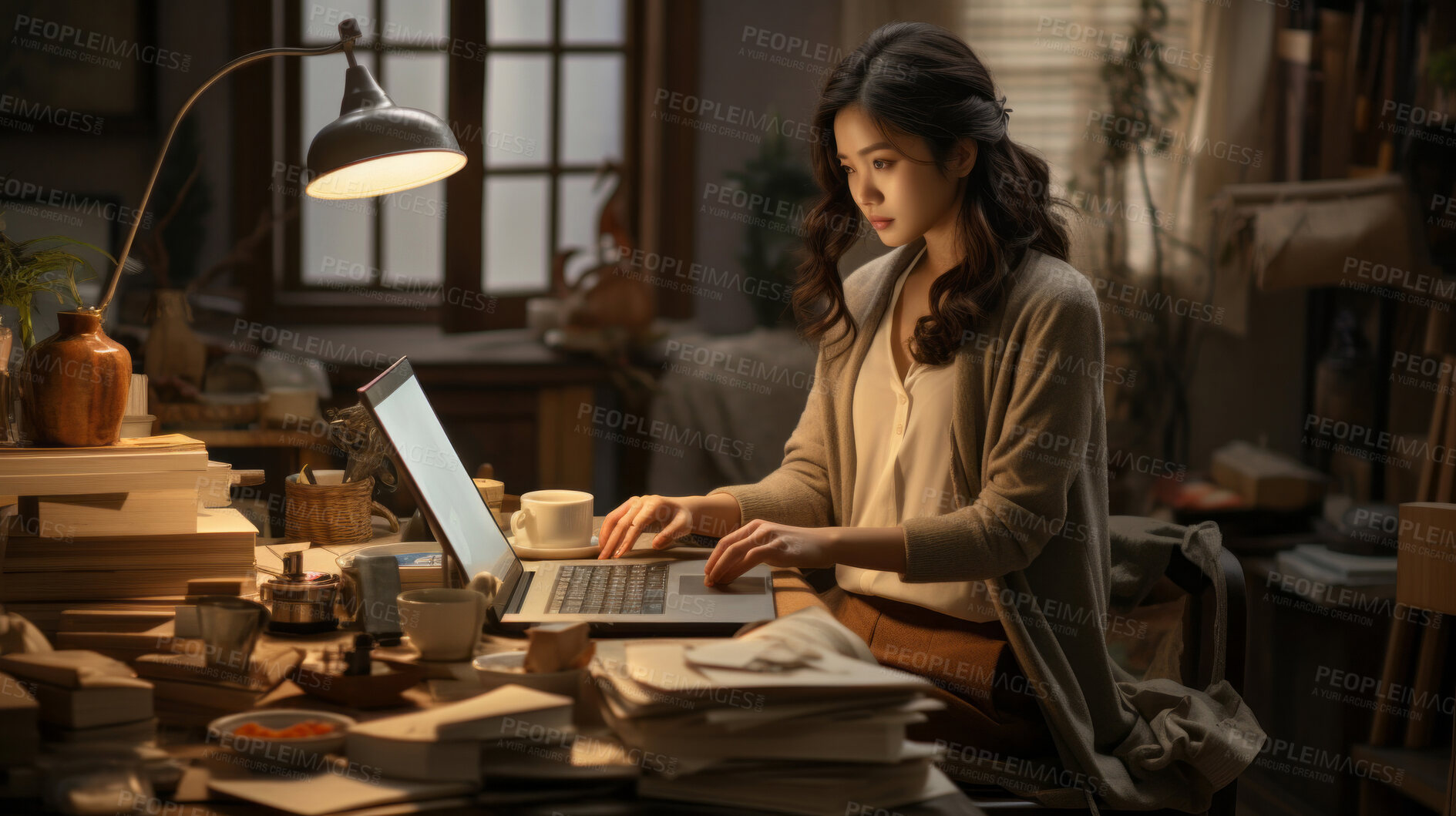 Buy stock photo Asian female, office professional and modern workspace. Dynamic, focused, and efficient work ethic for graphic display, design, and creative inspiration in corporate visuals.