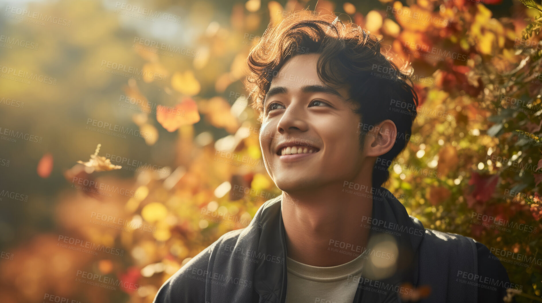 Buy stock photo Asian man, nature portrait and greenery. Eco-friendly, mindfulness and outdoor lifestyle. Smiling face of environmentalist in lush flora for ecology, conservation and natural beauty.