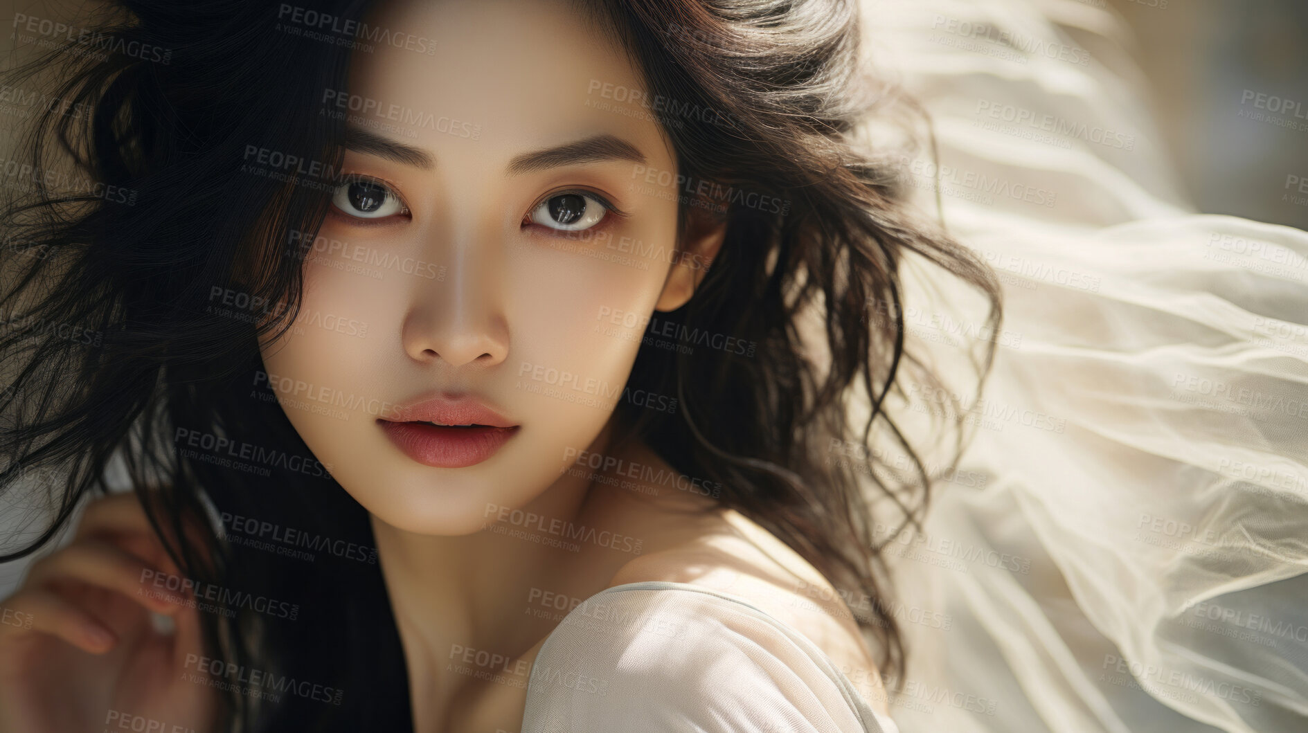 Buy stock photo Portrait, Asian beauty and timeless elegance. Art decor, design and graphic display. Radiates allure, grace and professionalism. Inspirational concept for creative projects.