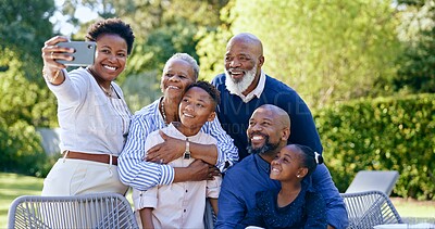 Buy stock photo Happy family, selfie or generations in nature, summer vacation or memory together with love. Black people, grandparents, parents or kids smile on face, garden chairs or smartphone to post online