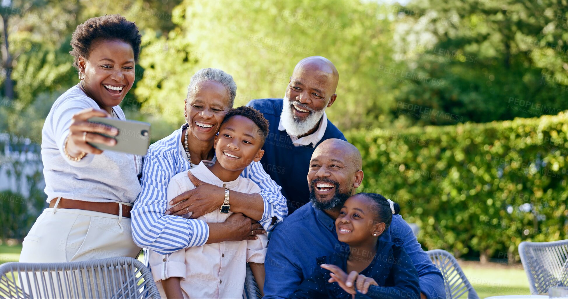 Buy stock photo Happy family, selfie or generations with love in nature, summer vacation or together for smartphone memory. Black people, grandparents or kids in smile, face or garden wellness to relax bond in park