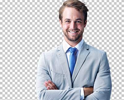 Buy stock photo Happy, confidence and portrait of young businessman in a suit with pride, good and positive attitude. Smile, professional and male person with happiness isolated by transparent png background