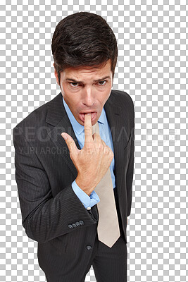 Buy stock photo Portrait, businessman and gross with disgust on face by finger, nausea and throat from above view. Corporate, manager and gesture on isolated or transparent png background for offer, deal or option