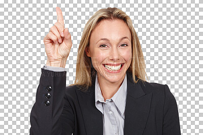 Buy stock photo Portrait, smile and business woman point at corporate offer, announcement and company advertising info. Service presentation, sales news and professional agent isolated on transparent, png background