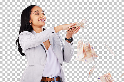 Buy stock photo Money, rain and a young woman with lottery winner for bonus or financial promotion. Cash, finance and happy female person with payment for investment growth isolated by transparent png background.