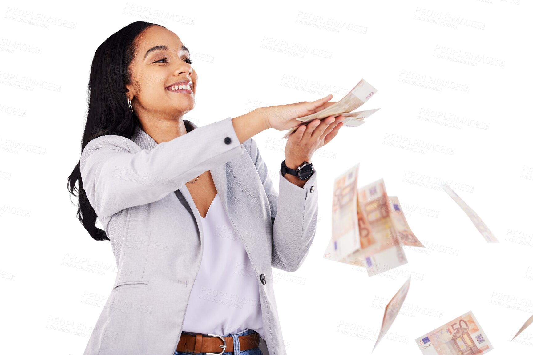 Buy stock photo Money, rain and a young woman with lottery winner for bonus or financial promotion. Cash, finance and happy female person with payment for investment growth isolated by transparent png background.