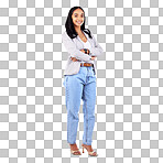 Business, casual and portrait of woman with arms crossed, confidence and employee with pride on white background in studio. Happy, face and fashion for businesswoman with smile or working in admin