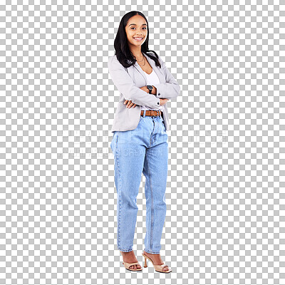 Buy stock photo Portrait, woman and confident for fashion, business, or casual with arms crossed. Female entrepreneur, startup and happy face on isolated or transparent png background for design, occupation or job