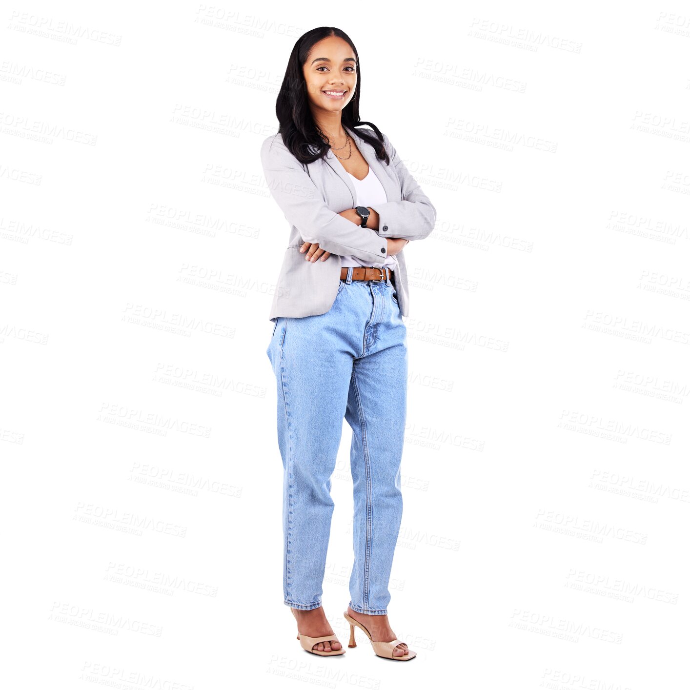 Buy stock photo Portrait, woman and confident for fashion, business, or casual with arms crossed. Female entrepreneur, startup and happy face on isolated or transparent png background for design, occupation or job