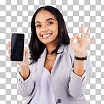 Phone screen, woman portrait and perfect hand in studio for deal, sale or sign up success on white background. Okay, emoji and face of female with smartphone display, good news and app review support