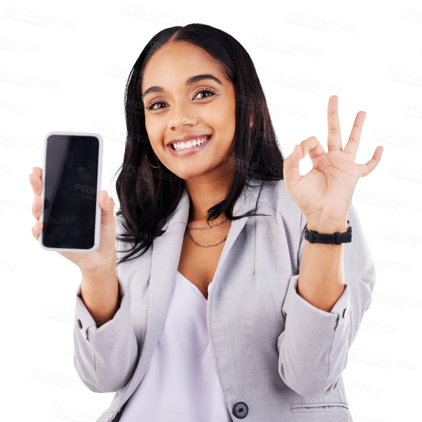 Buy stock photo Woman, phone screen and smile in portrait, okay and mobile app or information, social media and approval. Female person, smartphone and agreement or promotion, isolated and transparent png background