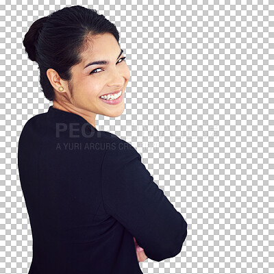 Buy stock photo Portrait, businesswoman and smile with formal, fashion and job in administration with back view. Female person, manager and excitement on face on isolated or transparent or png background for career