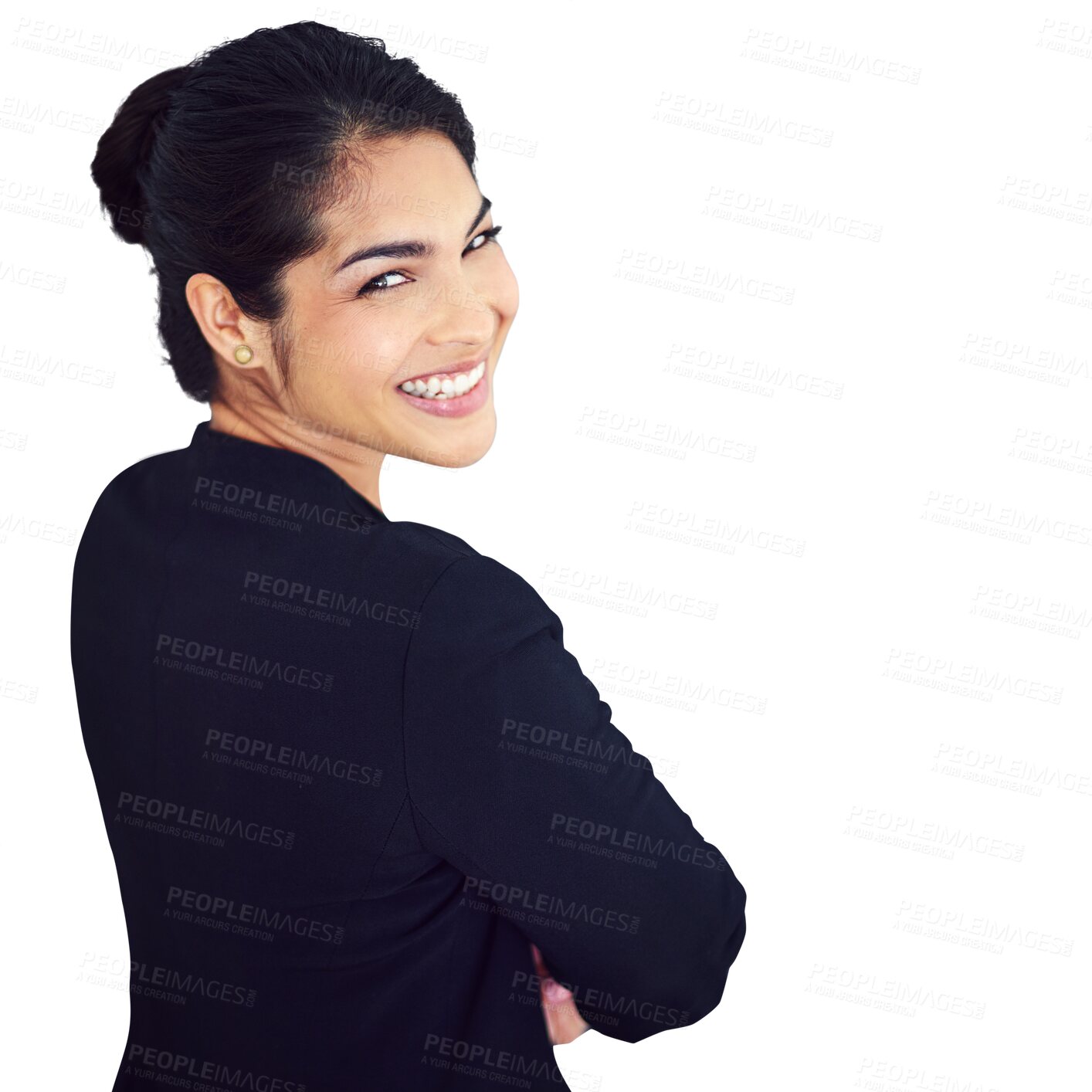 Buy stock photo Portrait, businesswoman and smile with formal, fashion and job in administration with back view. Female person, manager and excitement on face on isolated or transparent or png background for career